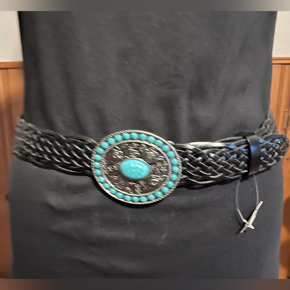 Braided Belt with Silver Tone Stone Buckle